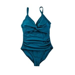 Blooming Jelly Womens Ruched One Piece Swimsuit Teal Blue V-Neck Cutout Size L